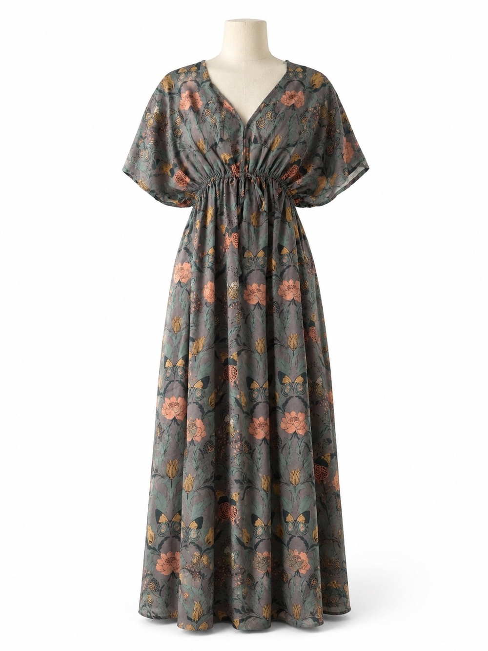 Cost Plus World Market Slate Gray Maxi Dress with Dusty Rose Floral